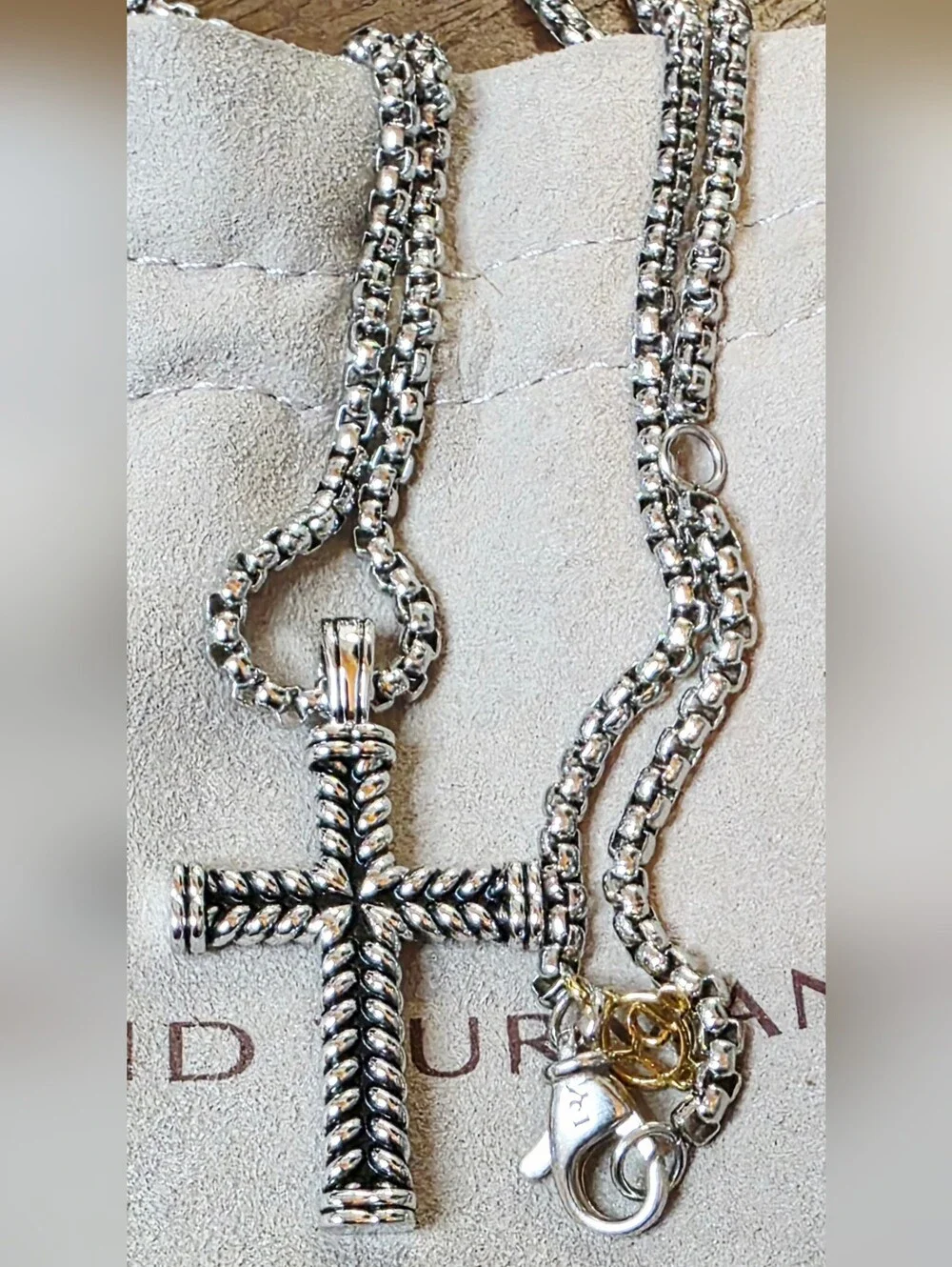 David Yurman Chevron Collection Silver Rope Cross Pendant Necklace